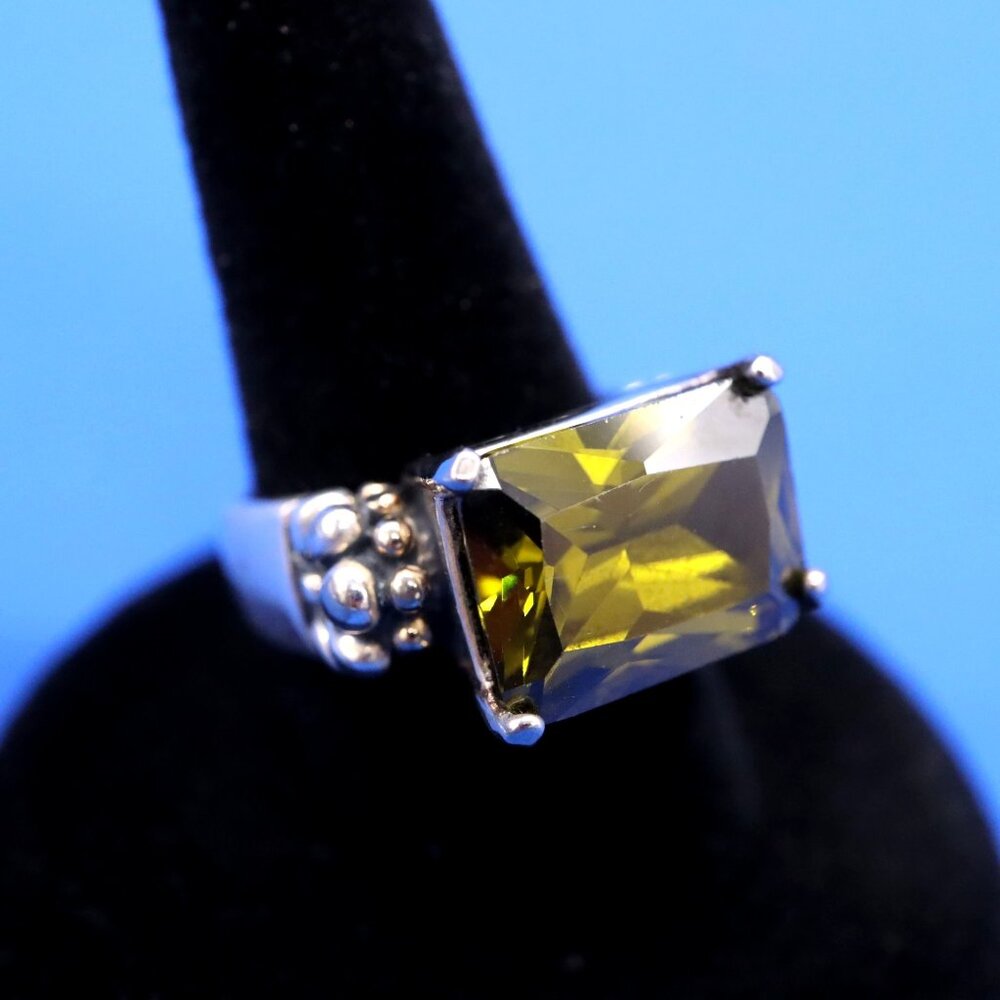 Sterling Silver Large Olive Green CZ Cocktail Statement‎ Ring Size 5.5